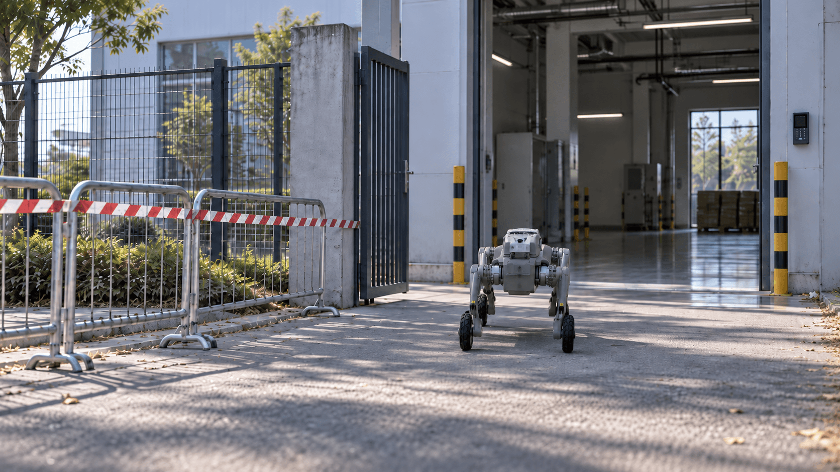 Quadruped robot patrolling an industrial campus entrance