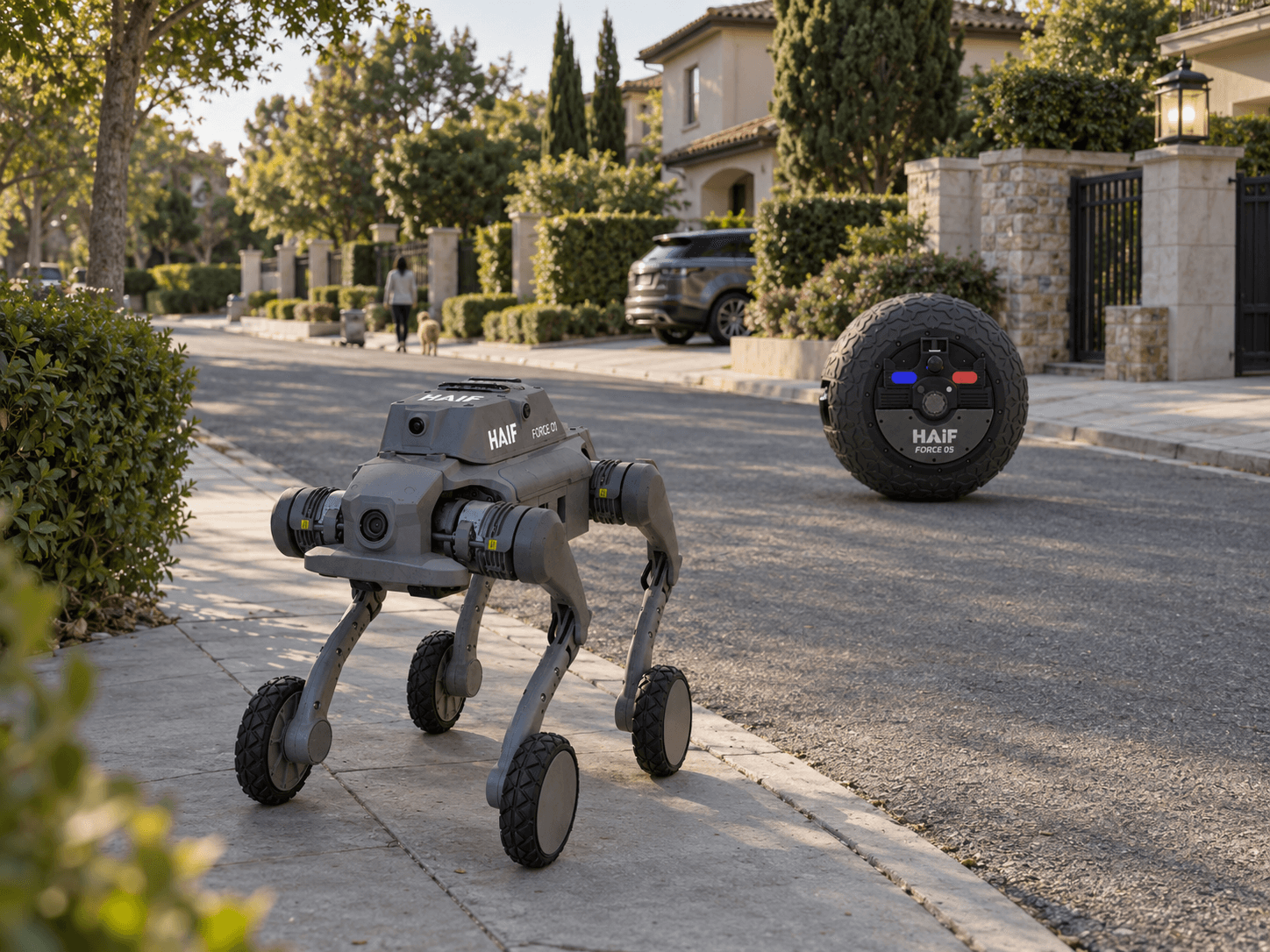 Quadruped robot patrolling a residential community