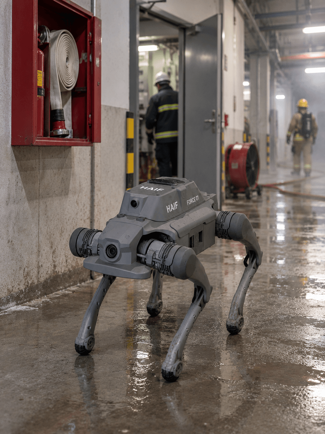 Quadruped robot inspecting fire safety equipment