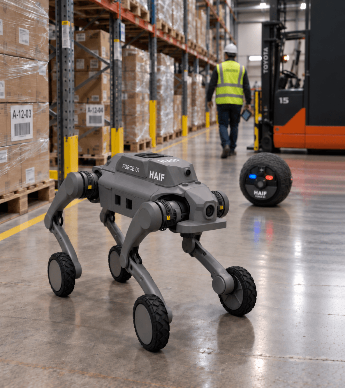 Quadruped robot outside a logistics park