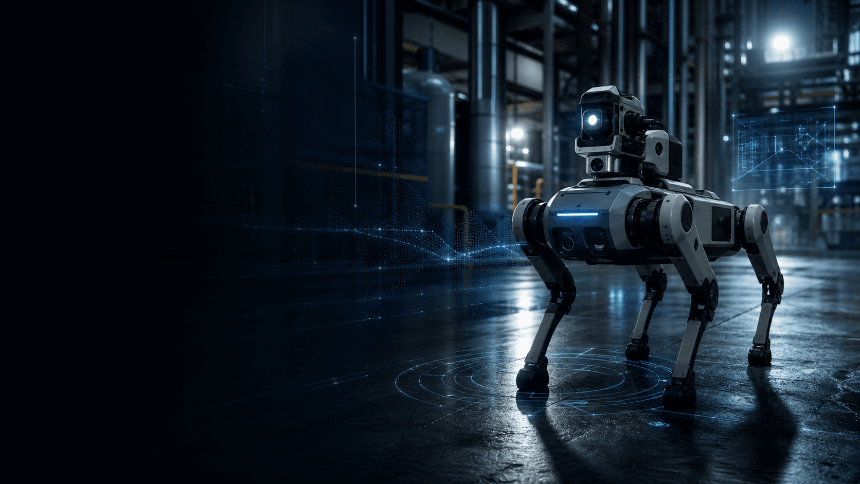 Autonomous quadruped security patrol robot at a facility